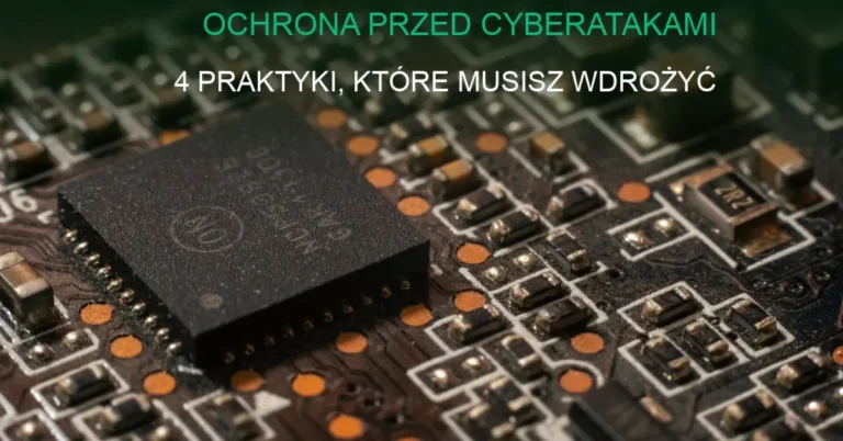 Obraz tła przedstawiający serwerownię z zielonymi diodami, symbol cyberbezpieczeństwa.