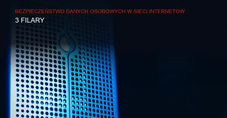 Ciemne tło z serwerownią i cyfrowymi zabezpieczeniami symbolizującymi ochronę danych.