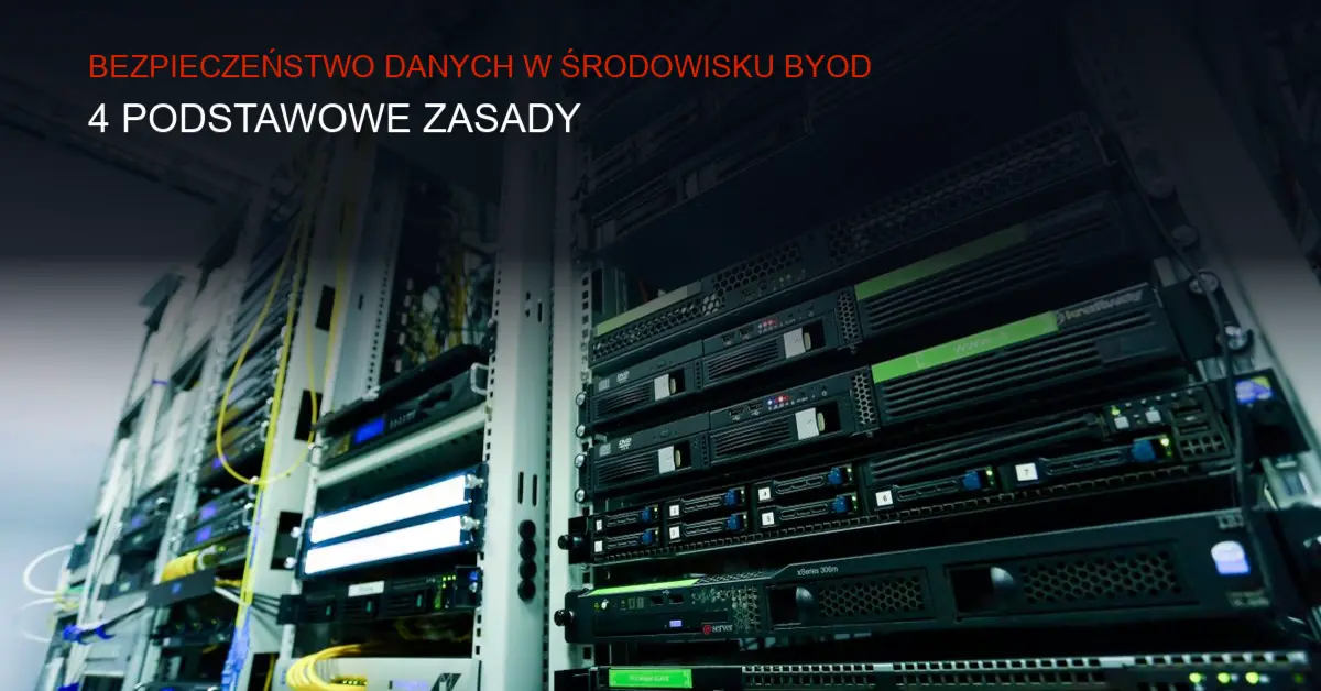 Ciemne serwerownie z podświetleniem LED – obraz cyberbezpieczeństwa w firmie stosującej BYOD.