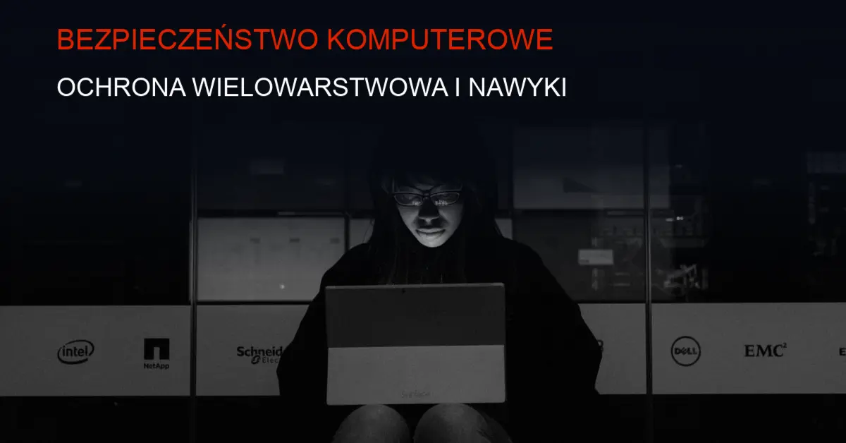 Ciemne tło technologiczne z symbolami bezpieczeństwa komputerowego i sieci