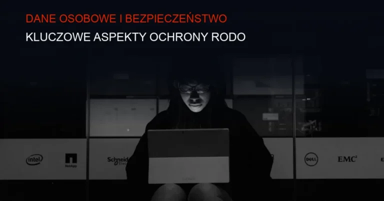 Grafika zabezpieczeń danych osobowych z ikonami szyfrowania, zamków i cyberbezpieczeństwa.