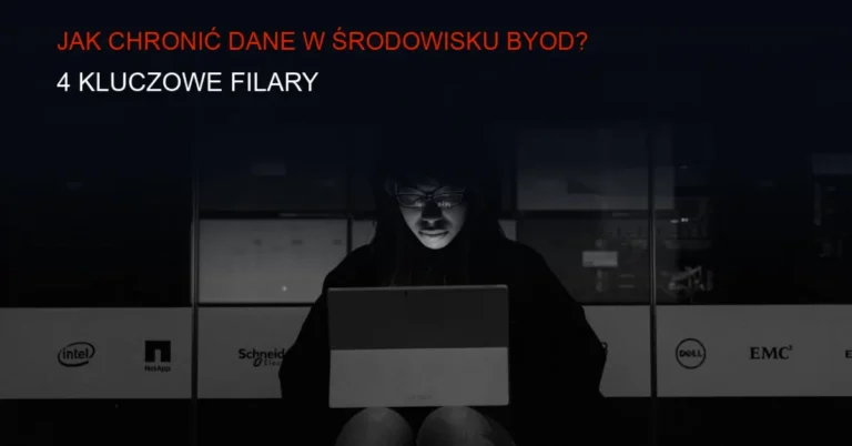 Ciemne tło z serwerami i sieciami danych, symbol ochrony danych w środowisku BYOD