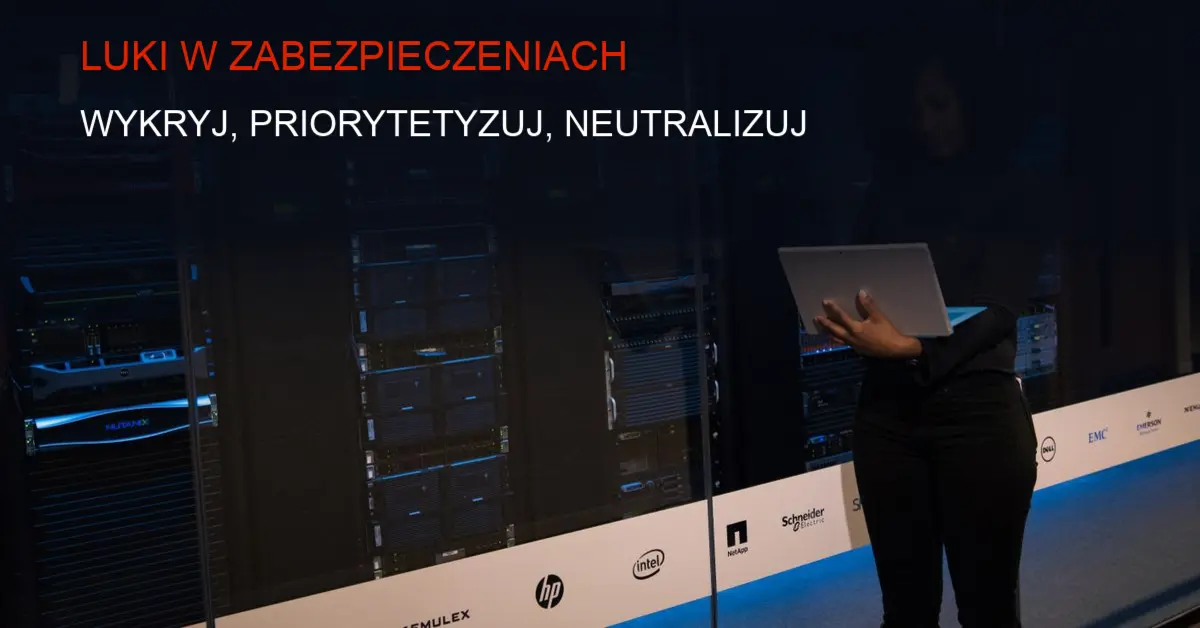 Techniczna ilustracja sieci z zaznaczonymi lukami w zabezpieczeniach i exploitami.