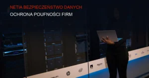 Ciemne tło, serwerownia z migającymi diodami LED, technologia cyberbezpieczeństwa
