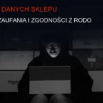 Ciemne tło technologiczne z serwerami i elementami ochrony danych w e-commerce.