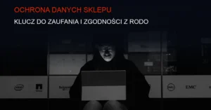 Ciemne tło technologiczne z serwerami i elementami ochrony danych w e-commerce.