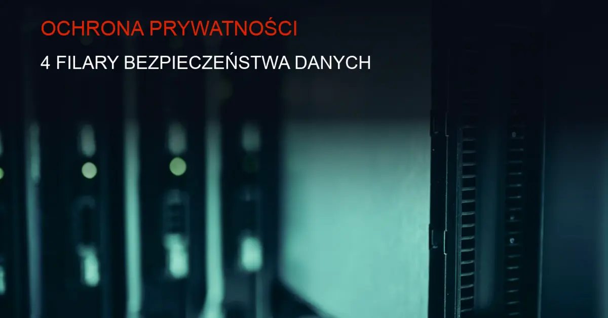 Ciemna grafika z symbolami zabezpieczeń danych, szyfrowania i ochrony prywatności w sieci.
