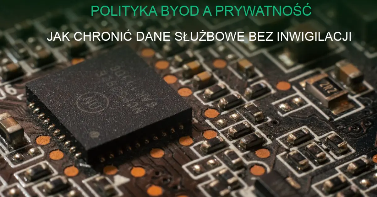 Zdjęcie przedstawiające laptop i smartfon na biurku, symbolizujące politykę BYOD i bezpieczeństwo danych