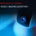 Ciemne tło z serwerami i ikoną zamka symbolizujące ochronę danych w e-commerce