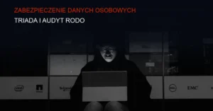 Grafika przedstawiająca system zabezpieczeń danych osobowych: szyfrowanie, firewall, DLP, procedury RODO