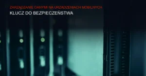Ciemne tło z abstrakcyjną siatką technologiczną i ikonami zabezpieczeń