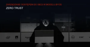 Ciemna grafika sieci komputerowej z ikonami urządzeń i zabezpieczeń