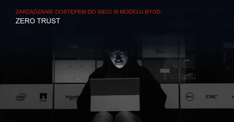 Ciemna grafika sieci komputerowej z ikonami urządzeń i zabezpieczeń
