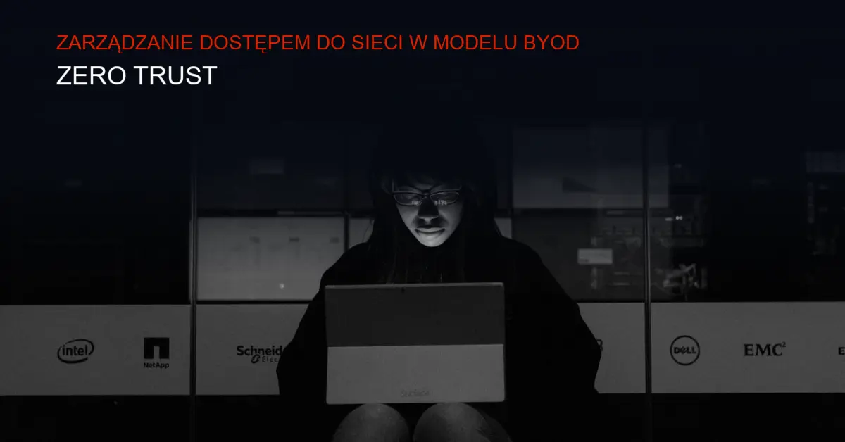 Ciemna grafika sieci komputerowej z ikonami urządzeń i zabezpieczeń