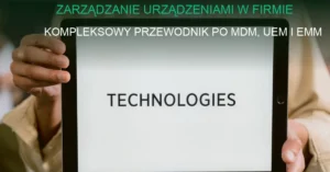 Zarządzanie urządzeniami w firmie – komputery i tablety w biurze z monitorami bezpieczeństwa